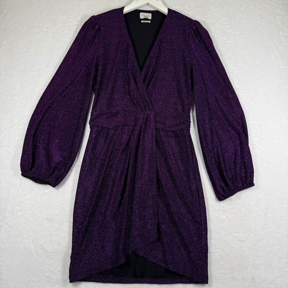 Saylor Purple Metallic Lurex Wrap Mini Dress Long Balloon Sleeve Small Sparkle